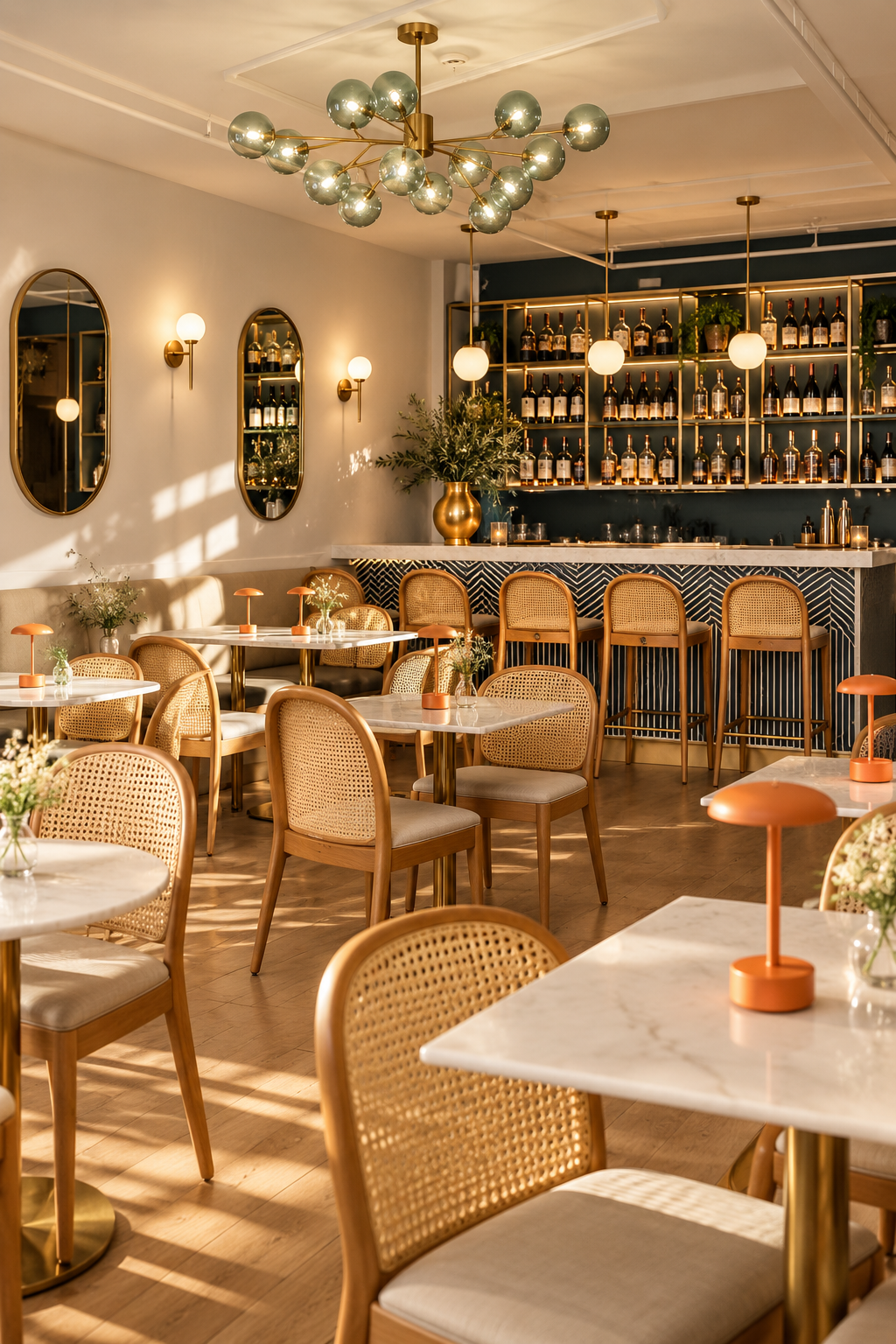 The warmly lit dining room at Café Nelo